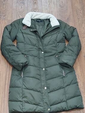 Women's Olive Green Quilted Long Puffer Coat with Faux Shearling Collar